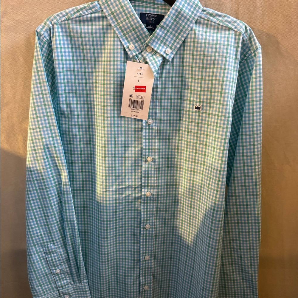 Crown & Ivy Men's Aqua Checkered Button Down Shirt